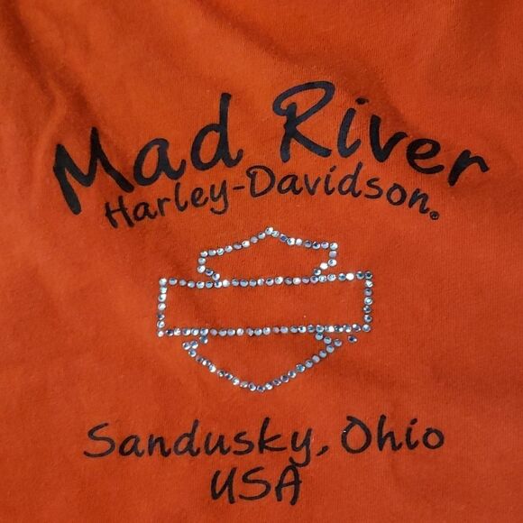 Orange Harley-Davidson Bar & Shield Logo Wings & Rhinestones Shirt Mad River OH - Picture 5 of 6